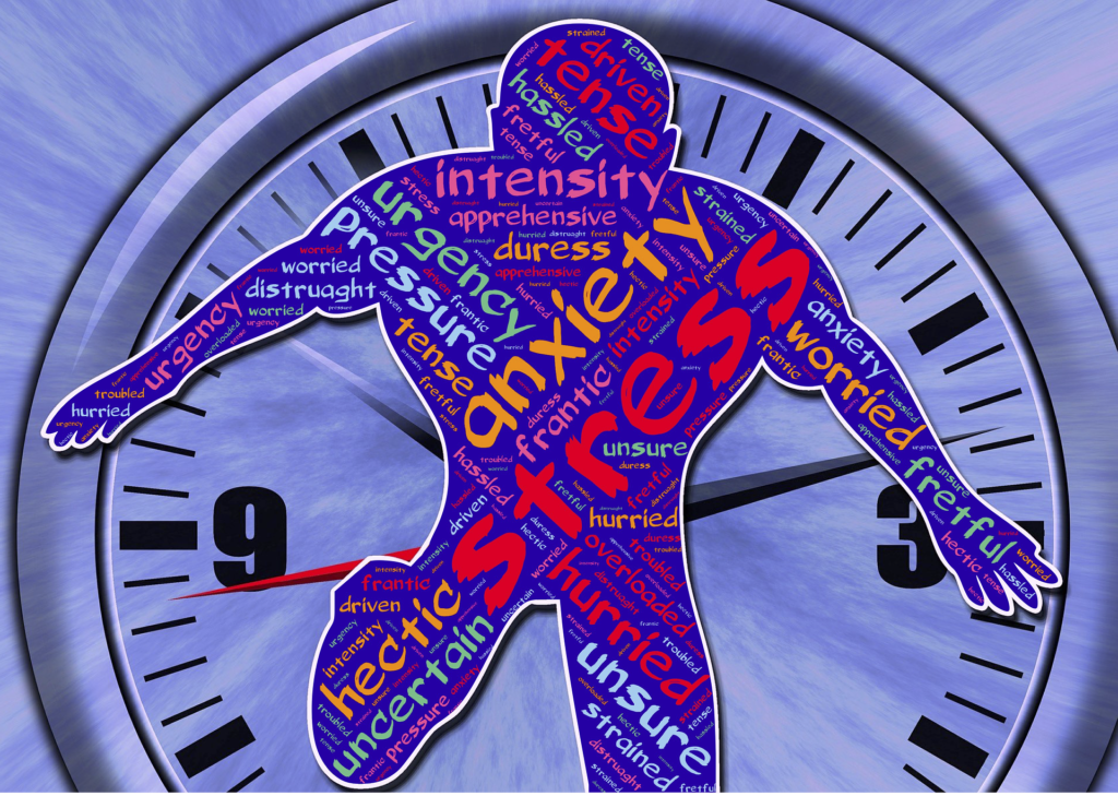 illustrated outline of a person with words relating to stress and worry written in different colours over the image, a clock is in the background