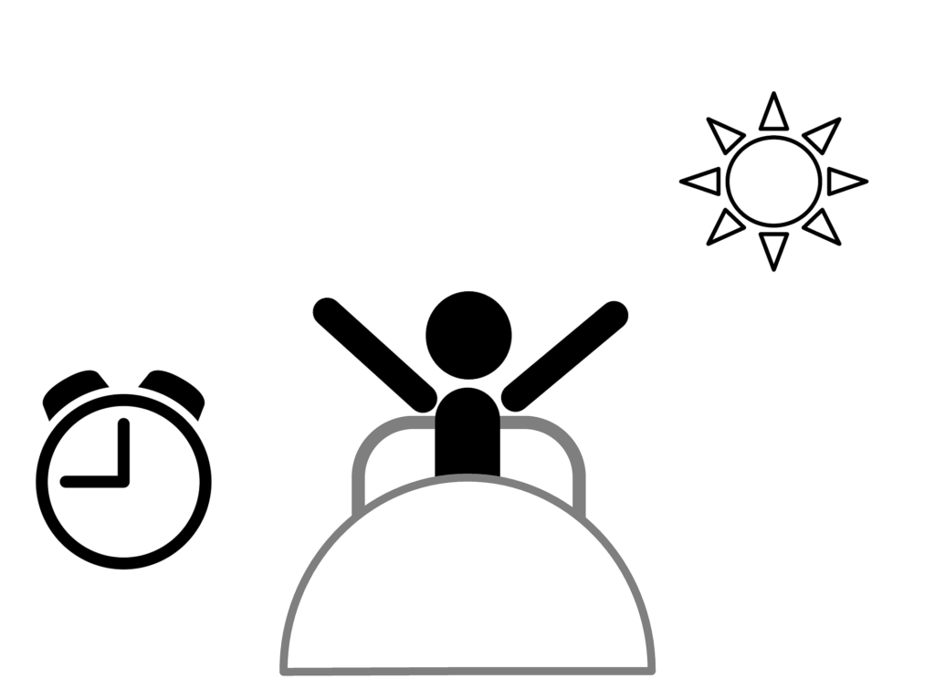 an illustration of a person in a bed with arms outstretched as the sun rises and an alarm clock next to them shows 9am