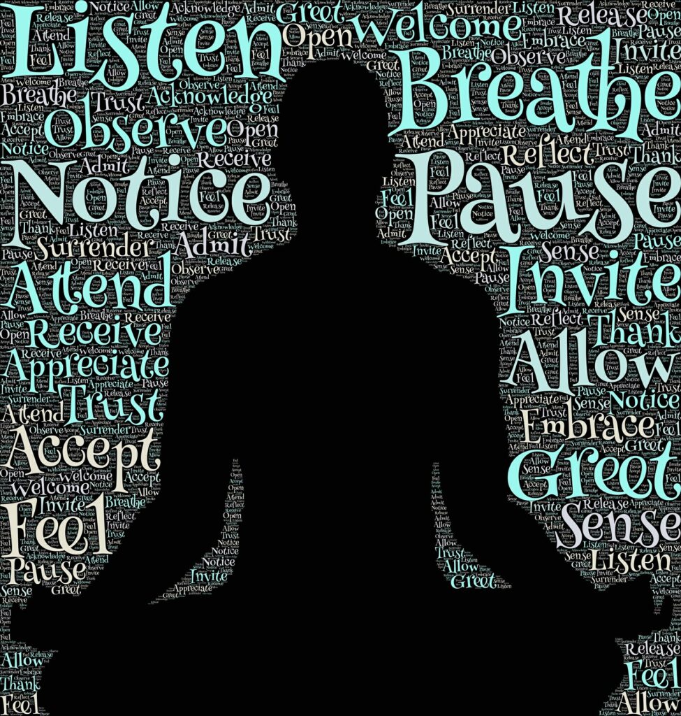 an outline image of a person sitting in a  meditative pose has a backdrop of words such as 'attend' 'allow' 'pause' 'feel'